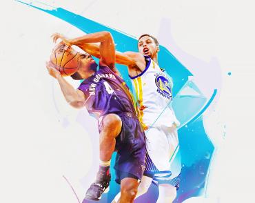 Graphic design showing two competing basketball players
